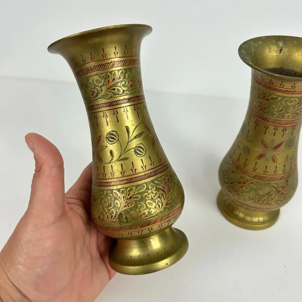 Vintage Brass Hand Carved Etched Brass Vases Set of 2 Made in India Red